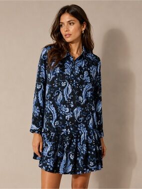 Zara Blue Paisley Print Button Front Tiered Shirt Dress XS